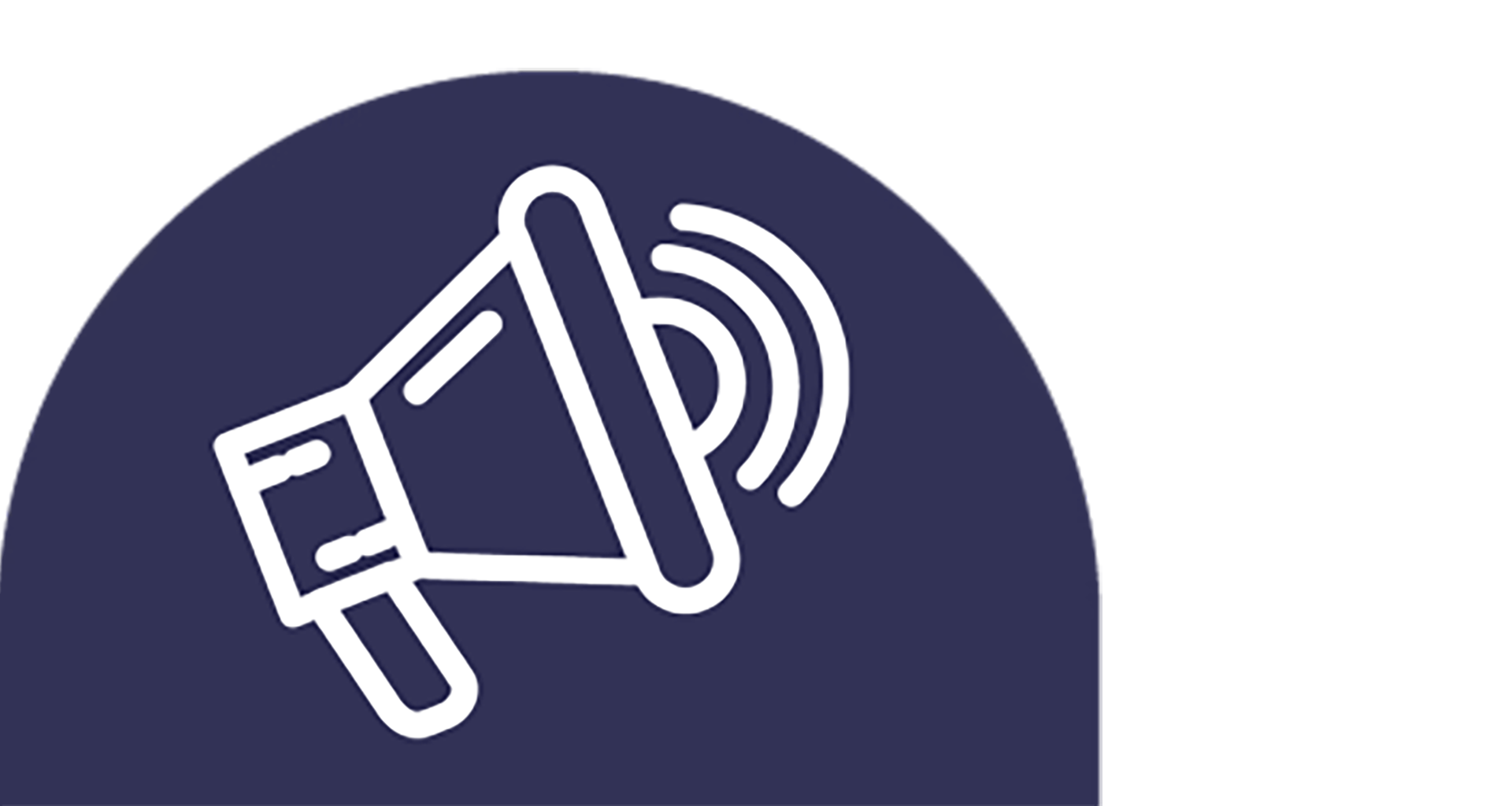 Megaphone icon with sound waves on a dark navy background.